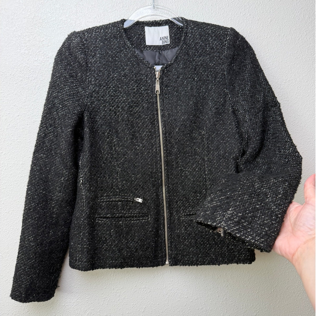 Anine Bing Houndstooth Tweed Jacket Zip Front Shoulder Pad Size S