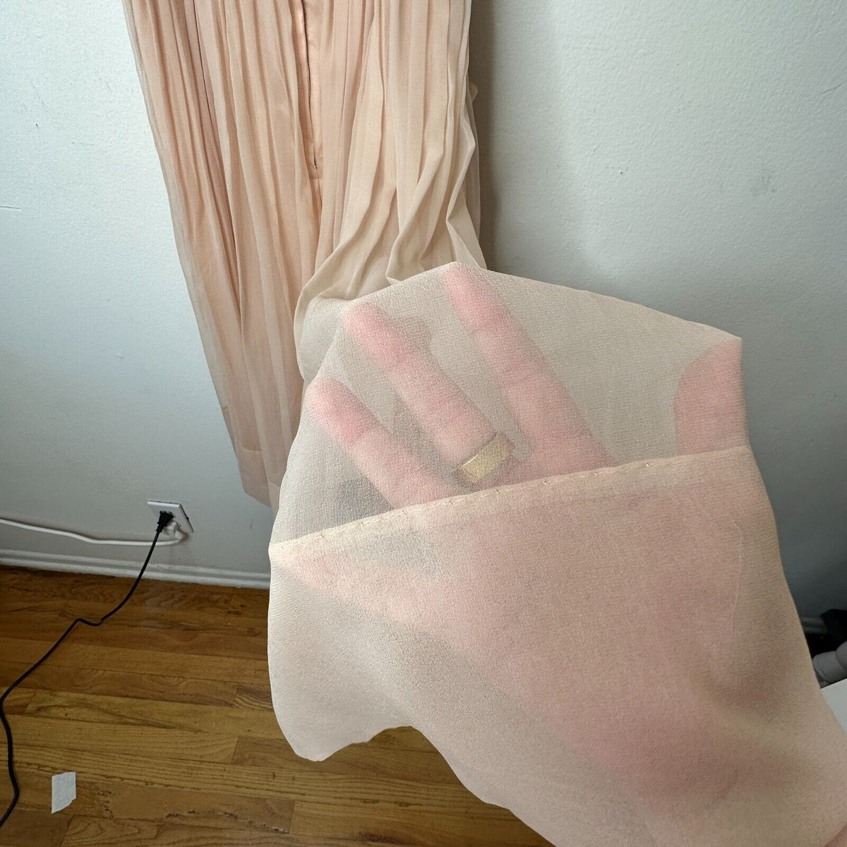 Vintage Size 15 Peach Chiffon Pleated Belted Sleeveless Dress Drape Neck BackZip