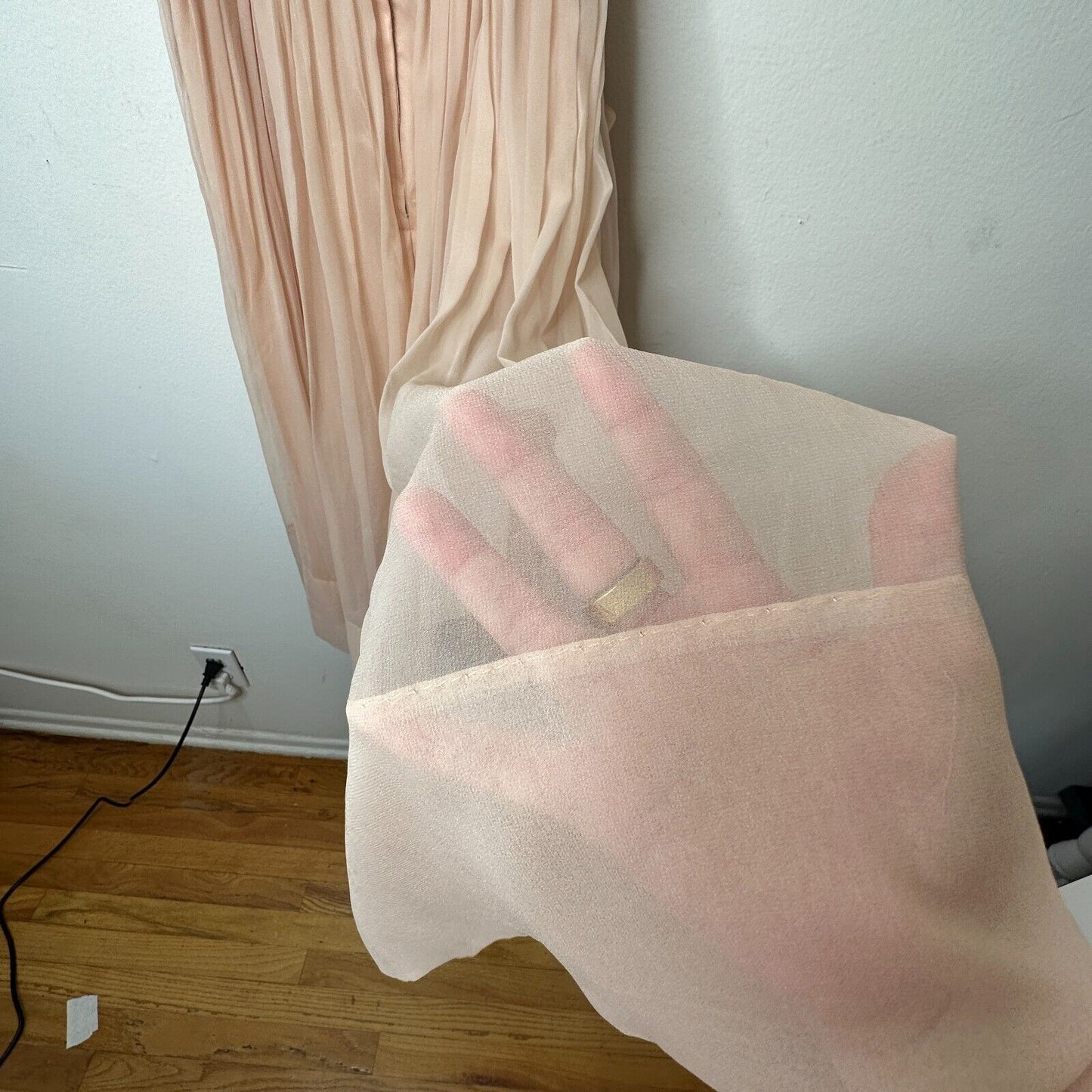 Vintage Size 15 Peach Chiffon Pleated Belted Sleeveless Dress Drape Neck BackZip