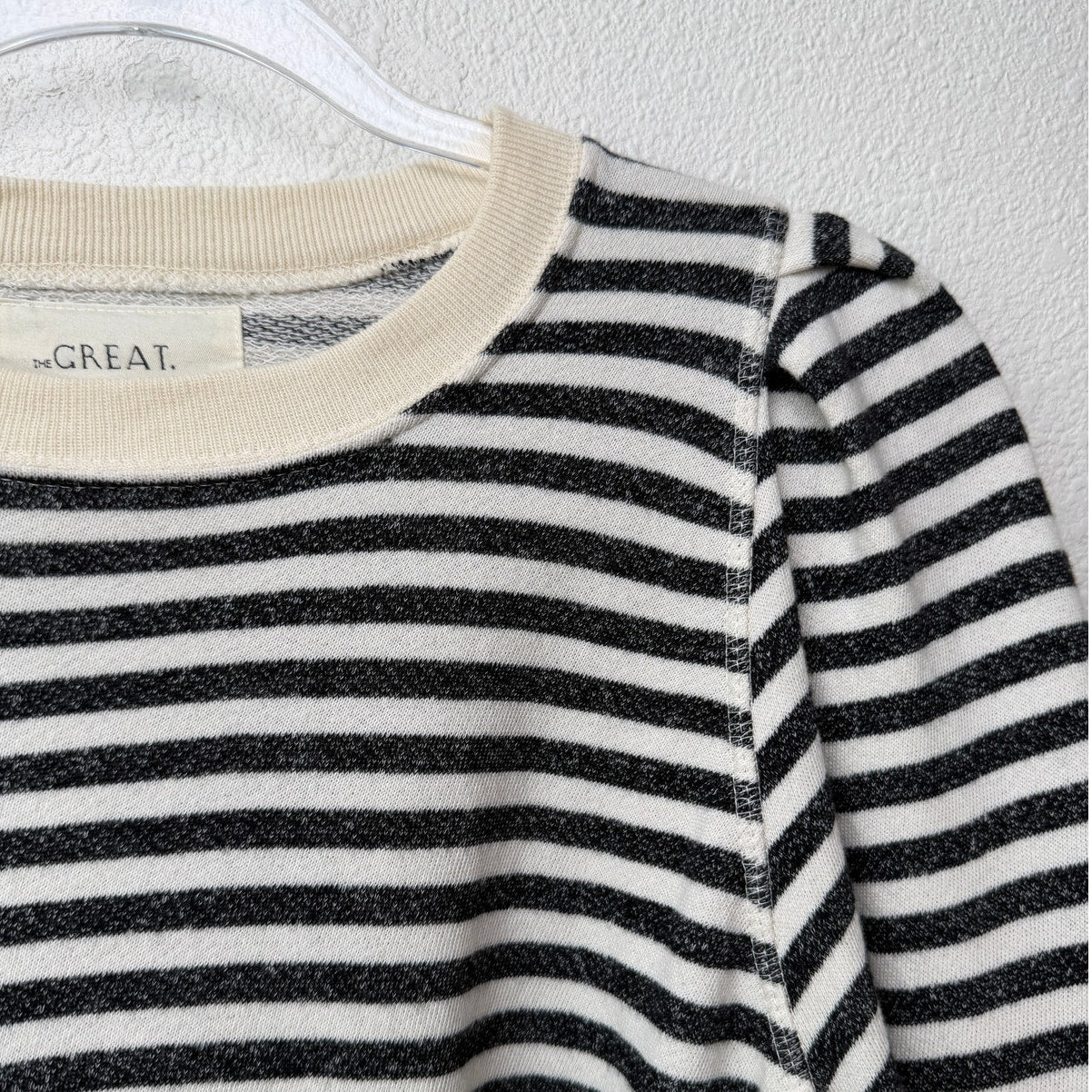 The Great. Black & Cream Striped Pleated Shoulder Sweatshirt Sweater