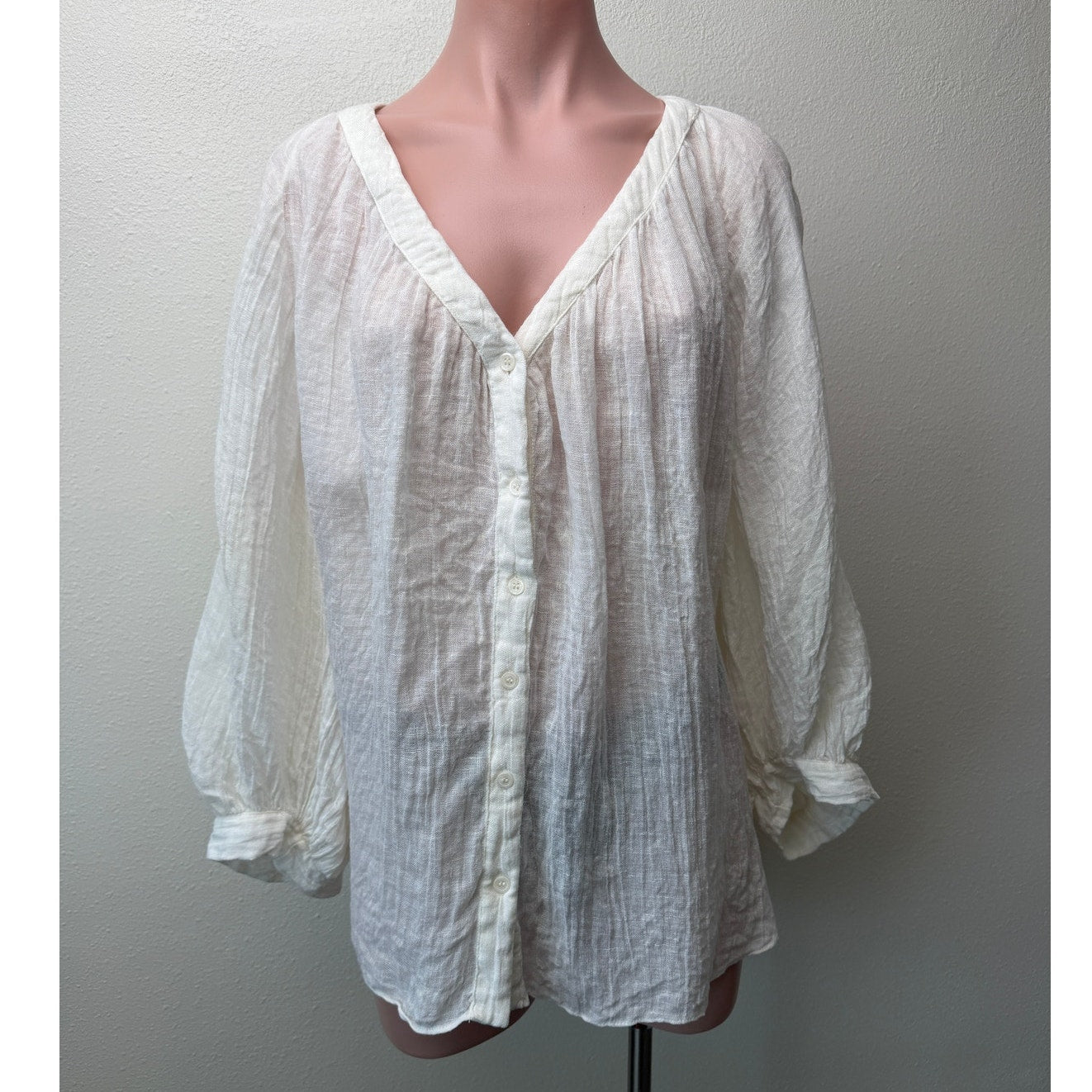 Zara Cream Linen Blend Crinkle V-Neck Boxy Button Front Boho Blouse M/L