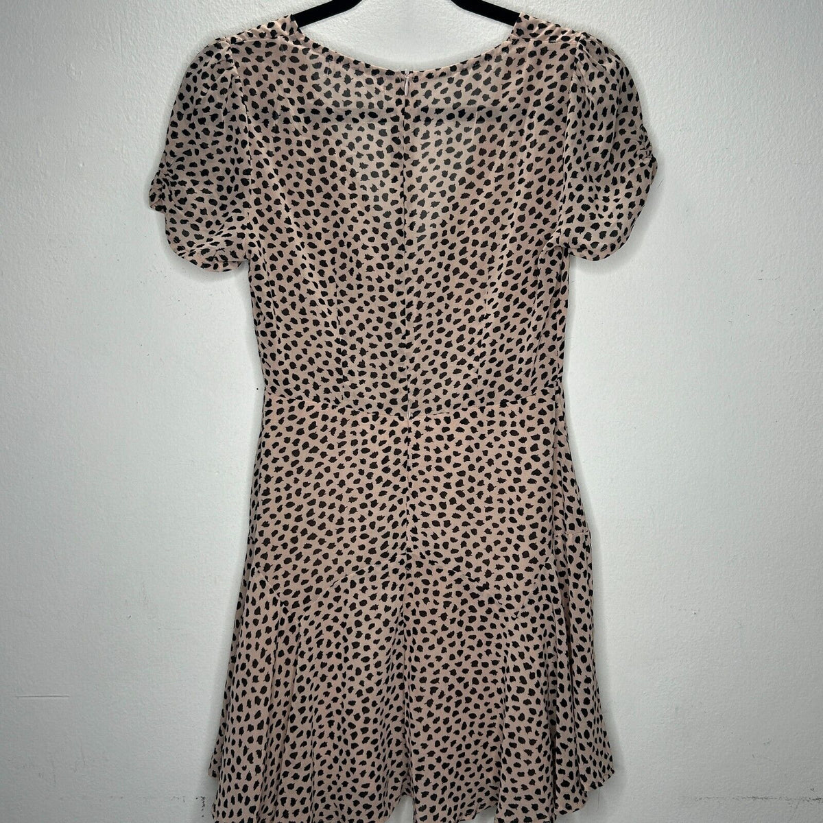 Morning Mist Peach Black Polka Dot Splotch Lined VNeck Short Sleeve Mini Dress S