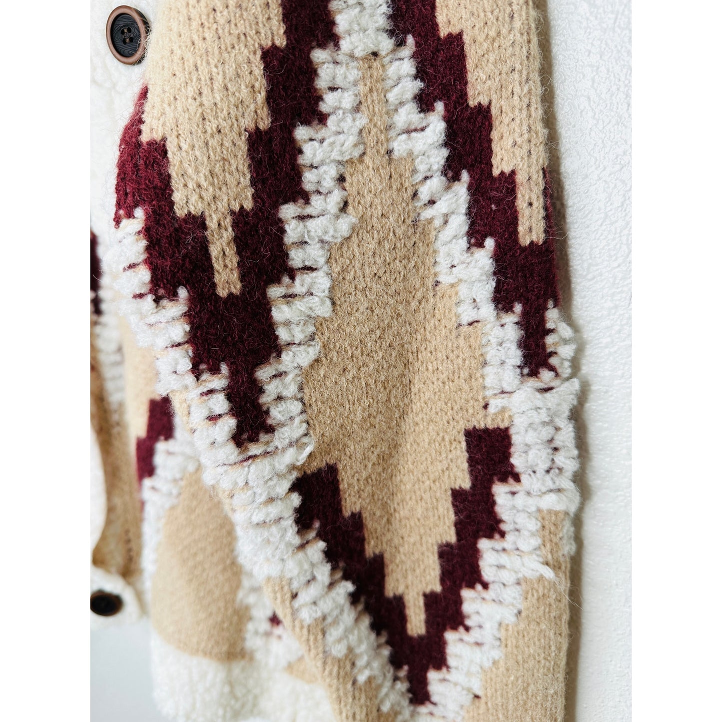 a. peach Tan Ivory Burgundy Southwest Print Button Collared Sweater Jacket S