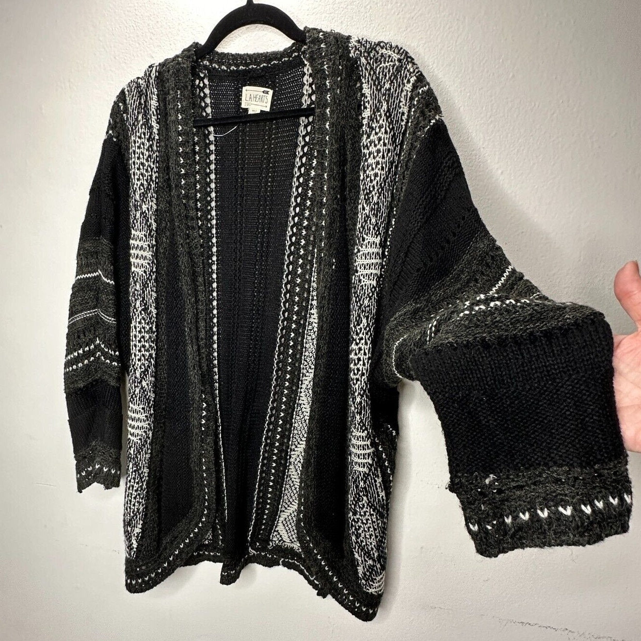 LA Hearts Black Gray and Cream Striped Knit Long Line Open Cardigan Sweater OS