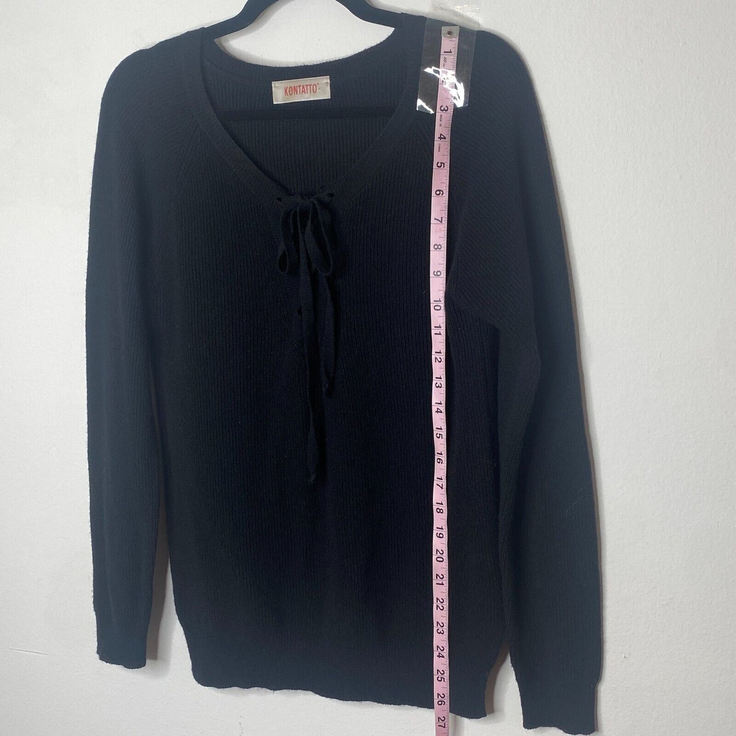 Kontatto Black Long Sleeve Front Tie Lace up V-Neck Long Sleeve Sweater Jumper S