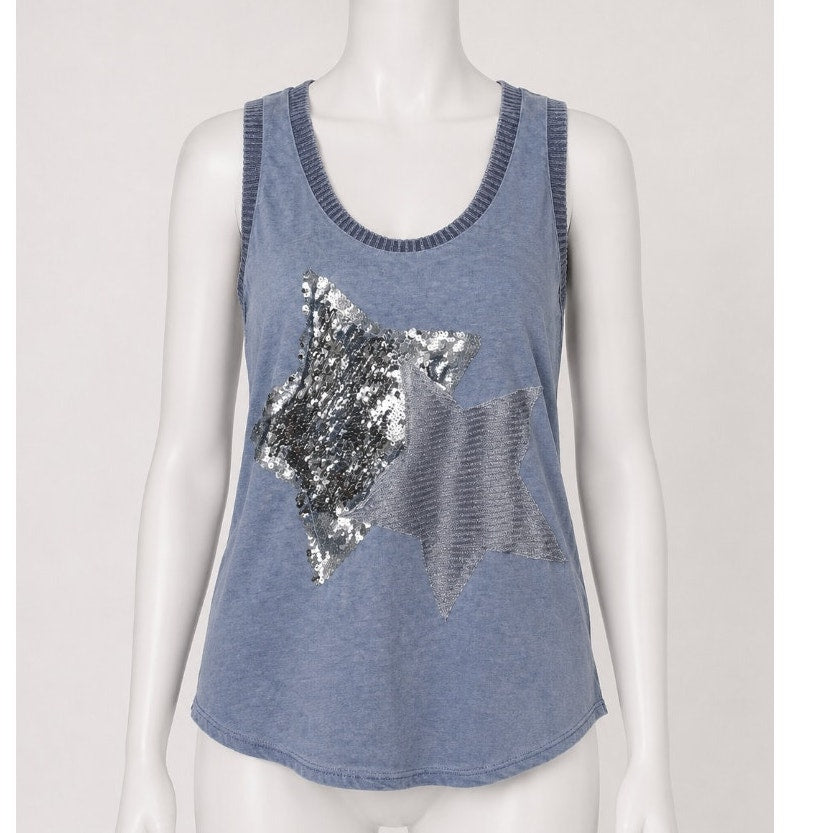 Gray Blue Knit Sleeveless Scoop Neck Tank Top 2 Stars One Silver Sequined Med