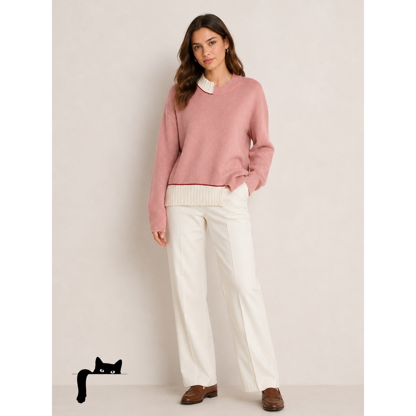 Marni Pink Cream Red Asymmetrical Neck & Hem Long Sleeve Sweater 46 / 10
