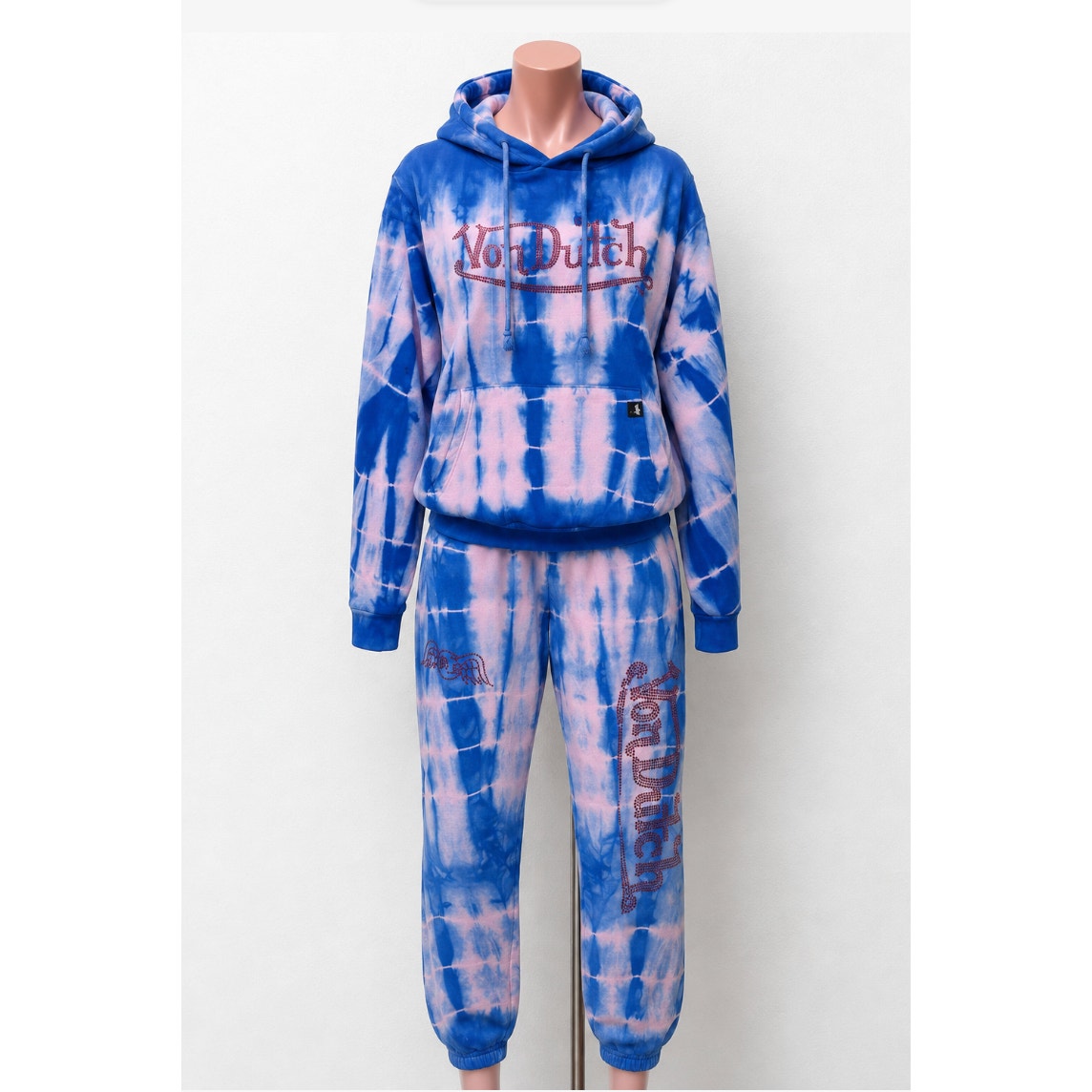 Von Dutch SET Blue Pink Tie Dye Red Rhinestone Logo Oversize Hoodie & Pants