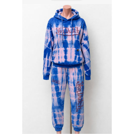 Von Dutch SET Blue Pink Tie Dye Red Rhinestone Logo Oversize Hoodie & Pants
