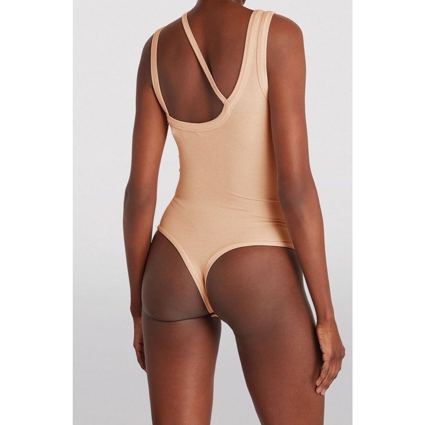 Alix NYC Tan Allen Asymetrical Scoop Neckline Sleeveless Ribbed Knit Bodysuit SM