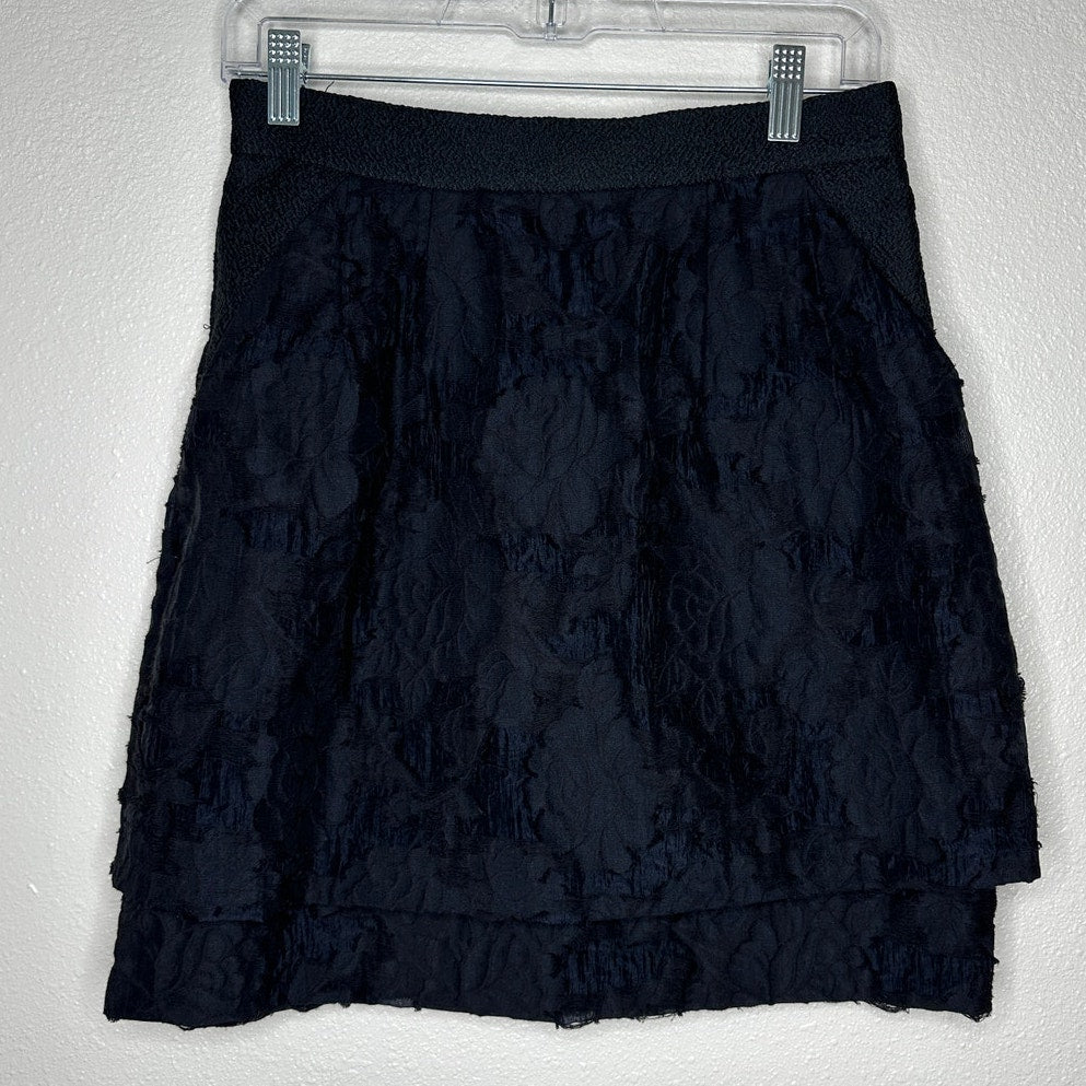 H&M Black Tiered Burnout Jacquard Weave Lace Pockets Back Zip Mini Skirt 8