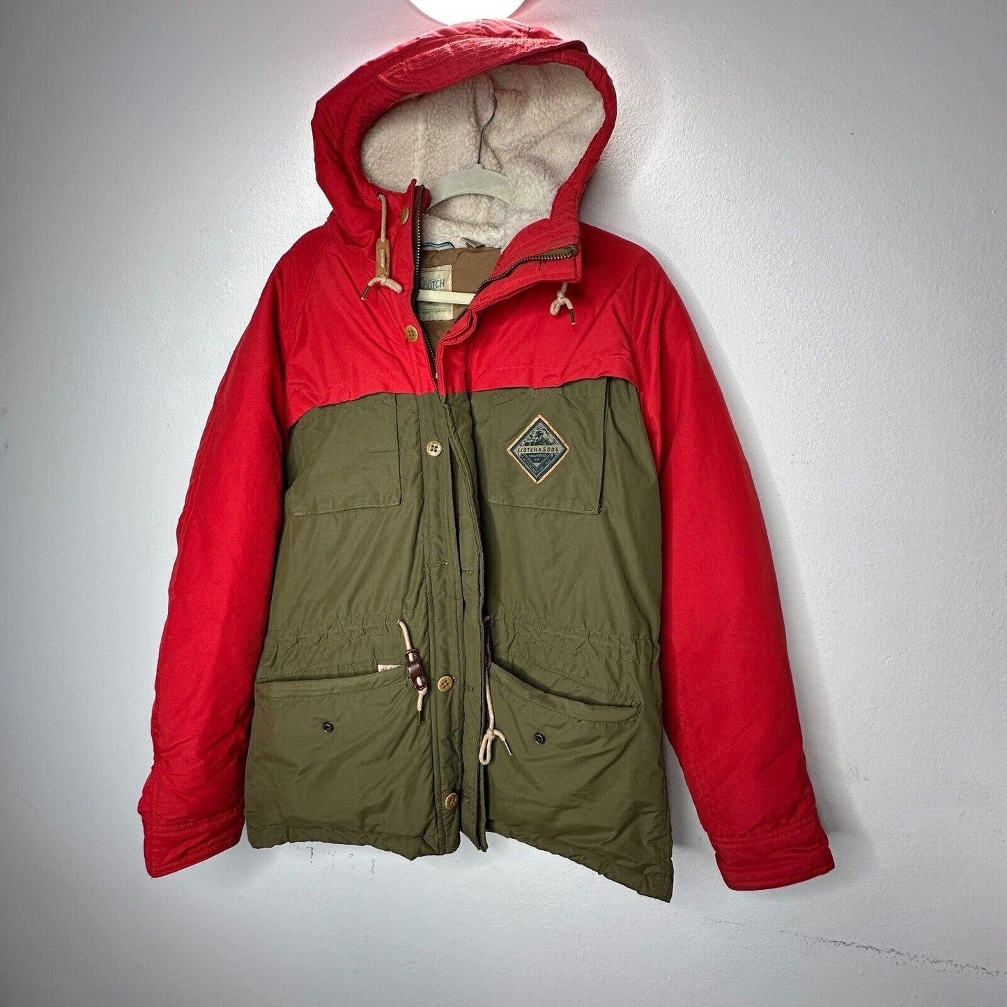 Scotch & Soda Olive Green & Red Front Zip Button Hooded Heavyweight Jacket M