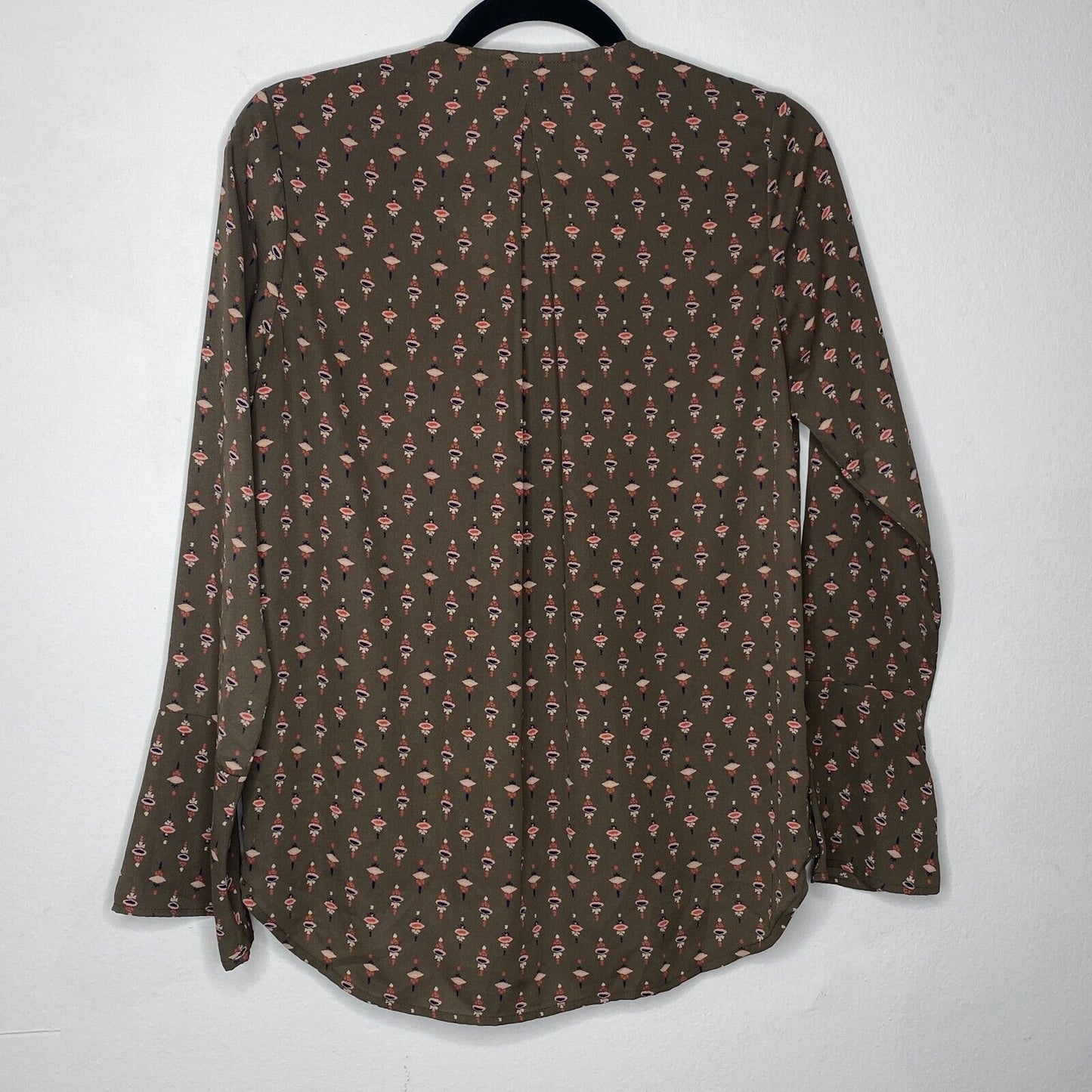 Allison Joy Faux-Wrap Brown Pink Blue Floral Print Design Long Sleeve Blouse XS