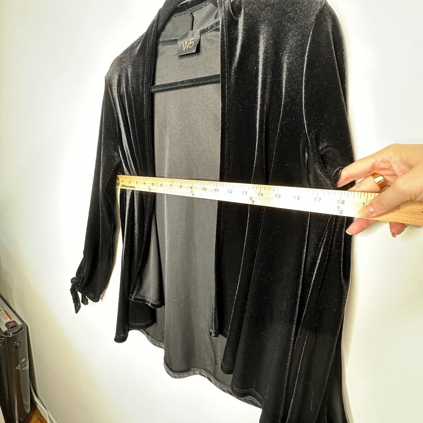 Jet Black Velvet Velour Waterfall Open Front Cardigan Long Sleeve with Ties M