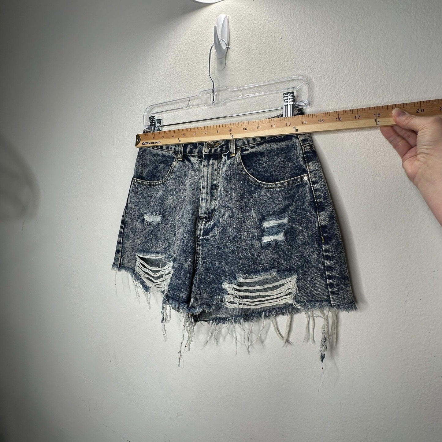 Hyfve Medium Blue Acid Wash Distressed Raw Hem High Waist Jean Shorts M