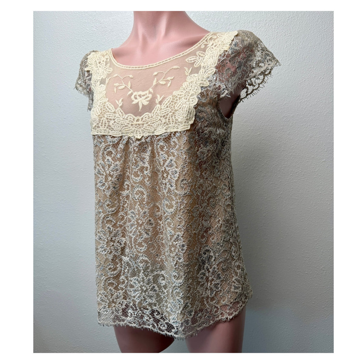 HD in Paris Metallic Silver Floral Lace Cap Sleeve Blouse Women's US 2