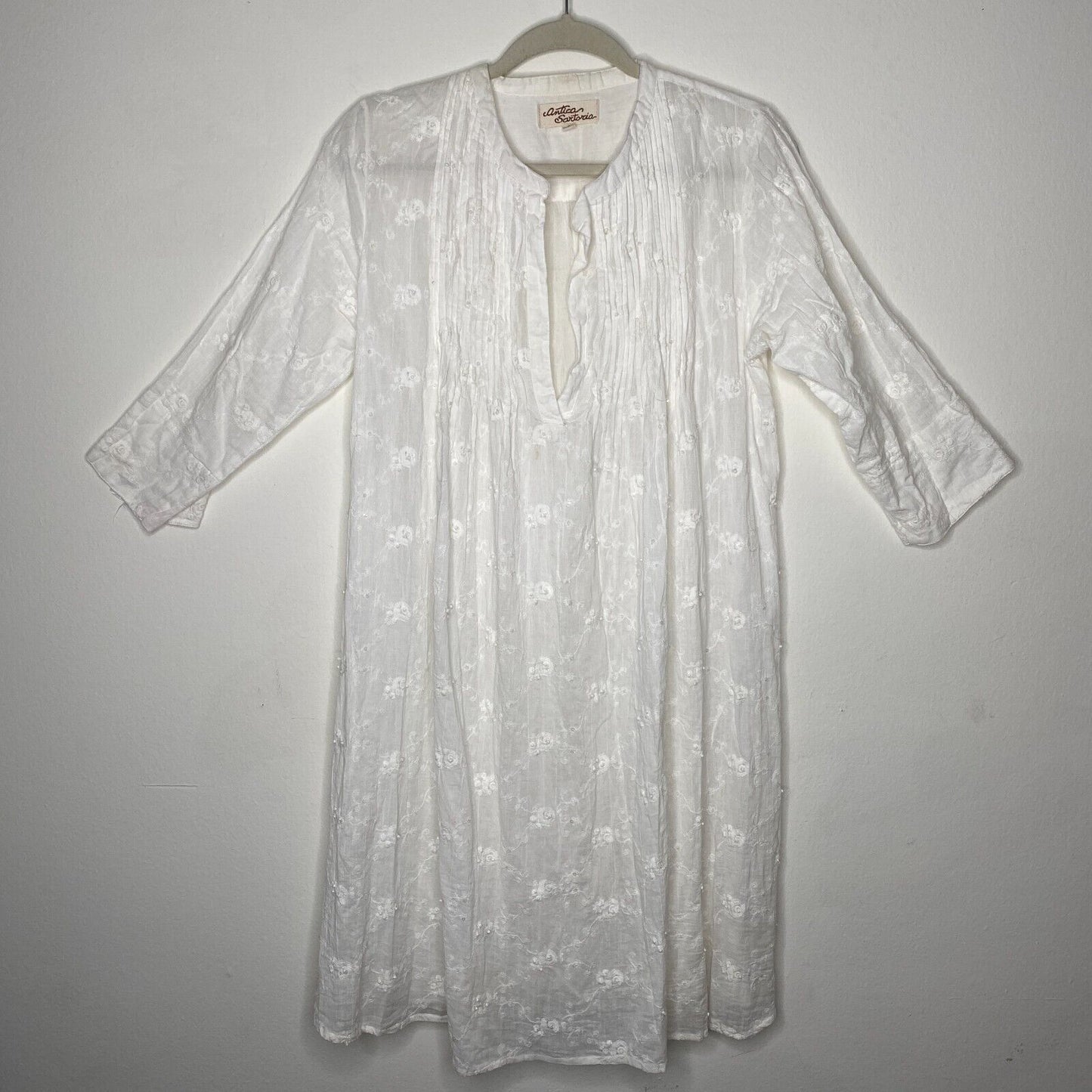 Antica Sartoria Gauze and Crochet Beaded Half Button White Dress 3/4 Sleeves S
