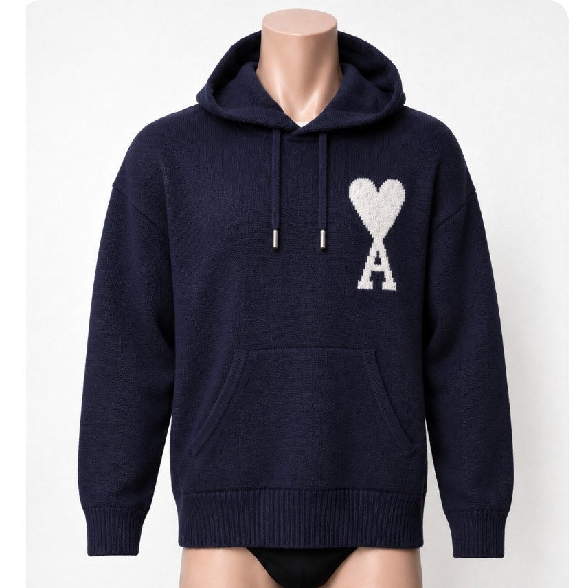 AMI Paris Ami de Coeur Heart Logo Navy Wool Knit Hoodie Men's US L