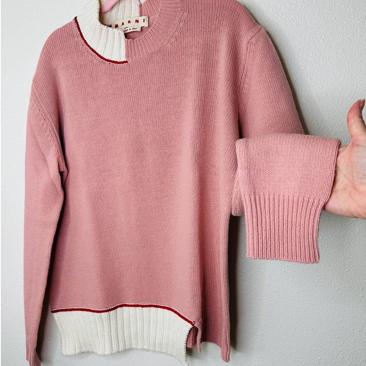 Marni Pink Cream Red Asymmetrical Neck & Hem Long Sleeve Sweater 46 / 10
