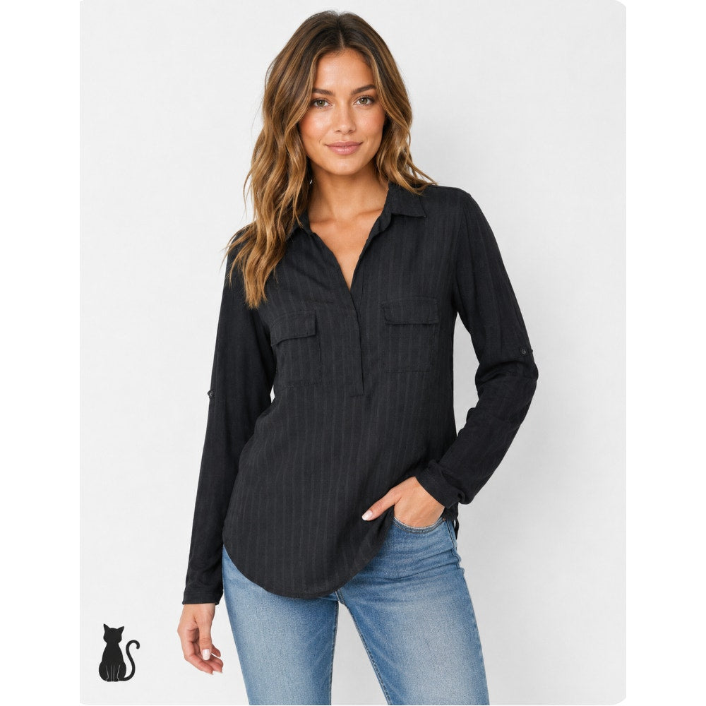 Skies Are Blue Black Stripe Stretch Front Pockets Long Sleeve Collar Blouse XS