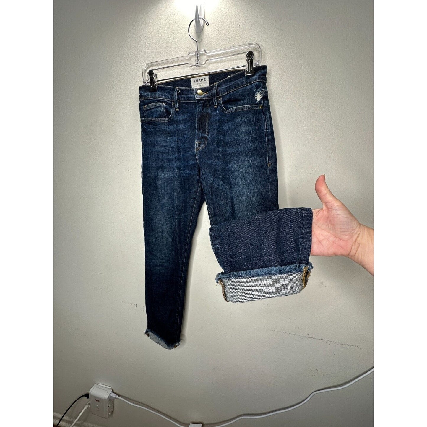 Frame Denim Le Boy Pondview Cropped Frayed Hem Straight Leg Jean Dark Wash 27