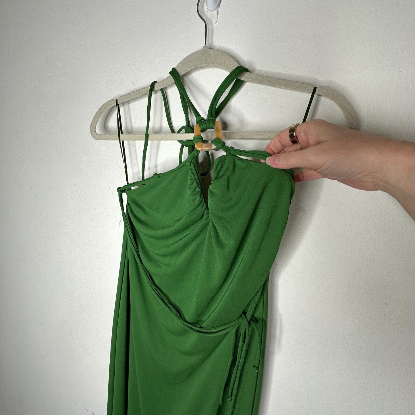 Zara Emerald Green Strapless V-Neck Keyhole Halter Top Tie Back Maxi Dress M