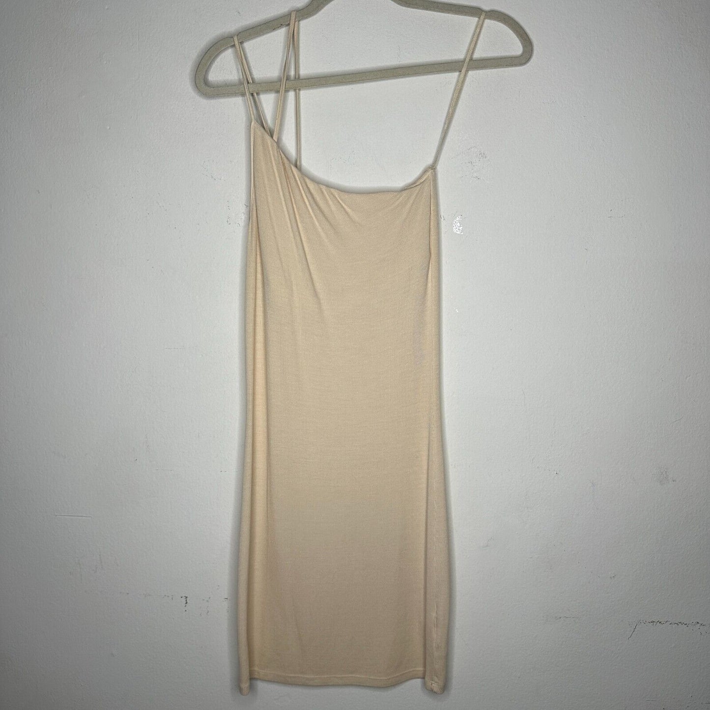 Enza Costa Sexy Cream One Shoulder Spaghetti Strap Ribbed Bodycon Mini Med