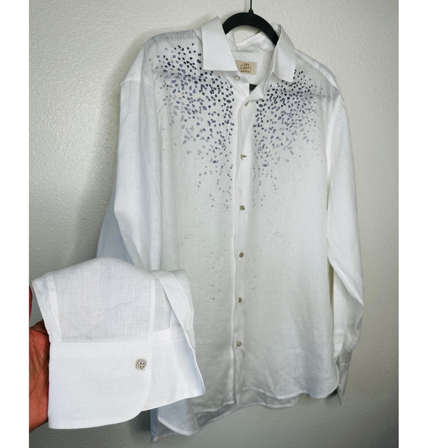 100% Capri Off White Dusty Blue Embroidered Pebble Rock Button Down Shirt XXL