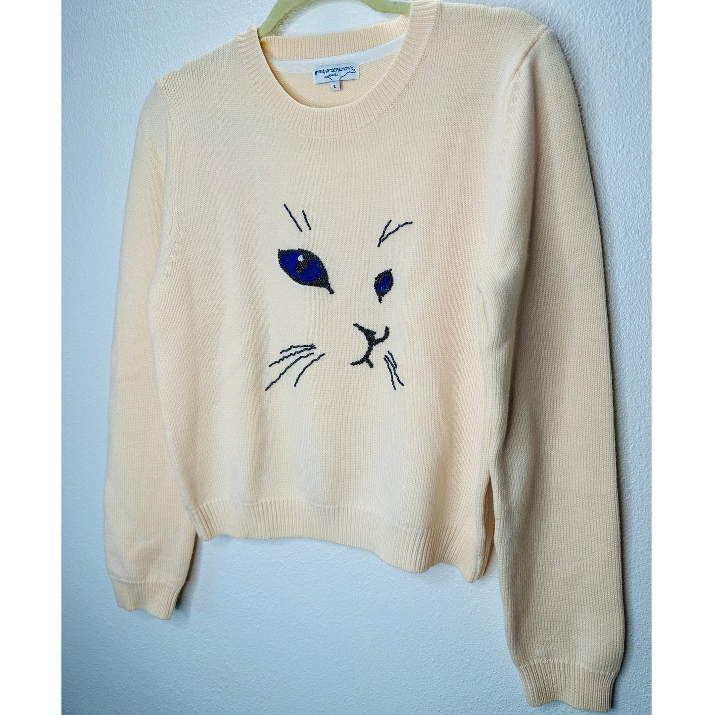 Opening Ceremony Butter Cream Crew Neck Cat Motif Sweater L