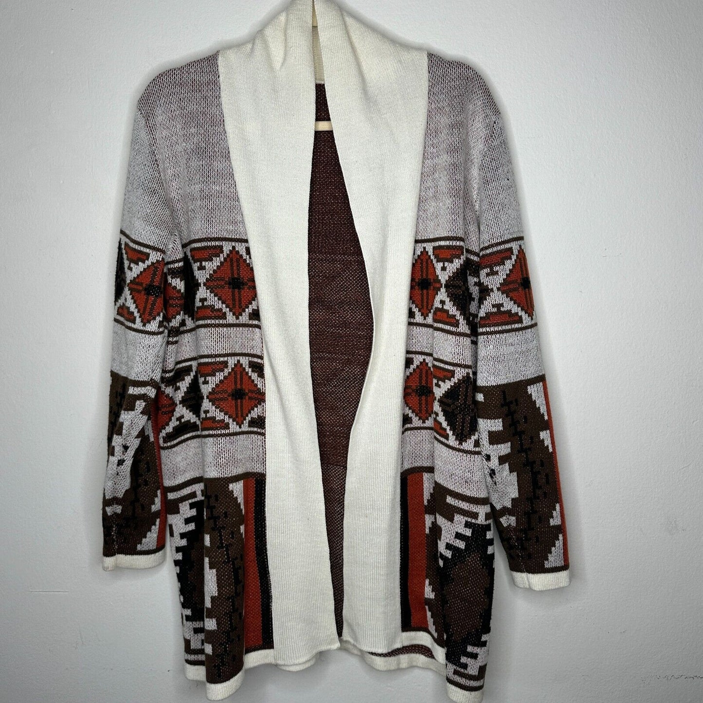 Mags & Pye Cream Brown Rust Native Aztec Print Longline Cardigan Sweater Medium
