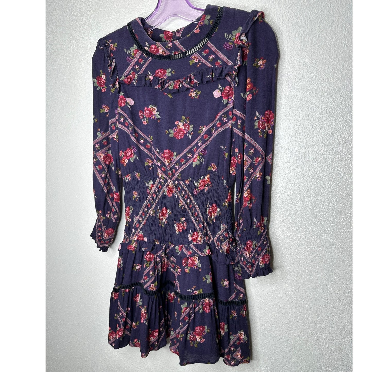 Rahi Cali Purple Multi Color Floral Print 3/4 Sleeve Ruffle Mini Dress XS