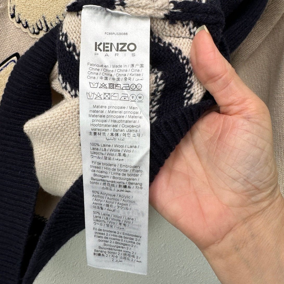 KENZO Paris Tiger Graphic V-Neck Sweater Off White Navy Size M