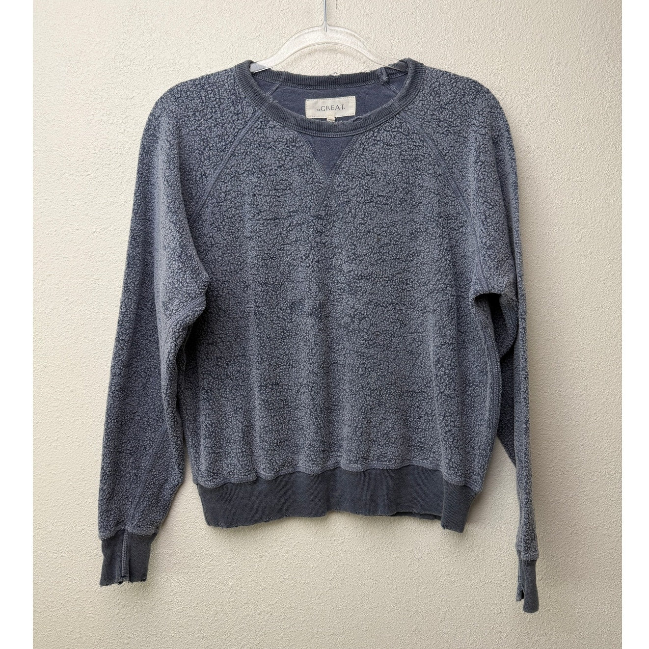 The Great. Blue Fleece Sweatshirt Distressed Raw Hem Raglan Sleeve - Size 0