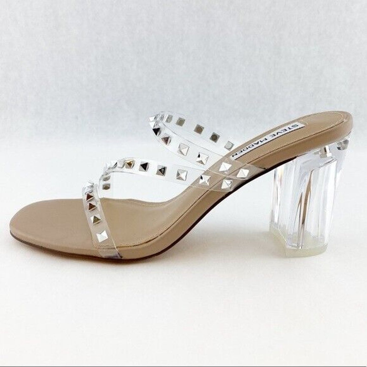 Steve Madden Nude Lucite Tangent Cone Heel Clear Silver Studded Strappy Sandal 9