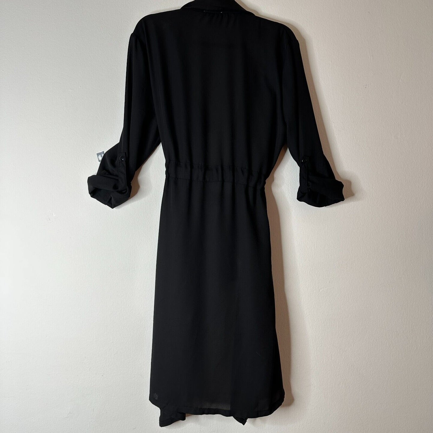 ReVamped Black Flowy Roll Tab Sleeve Tie Waist Waterfall Neck Wrap Dress Small