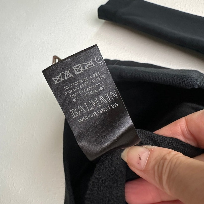 Balmain Black Moto Hoodie Leather-Shoulder Zip Sweatshirt Men M