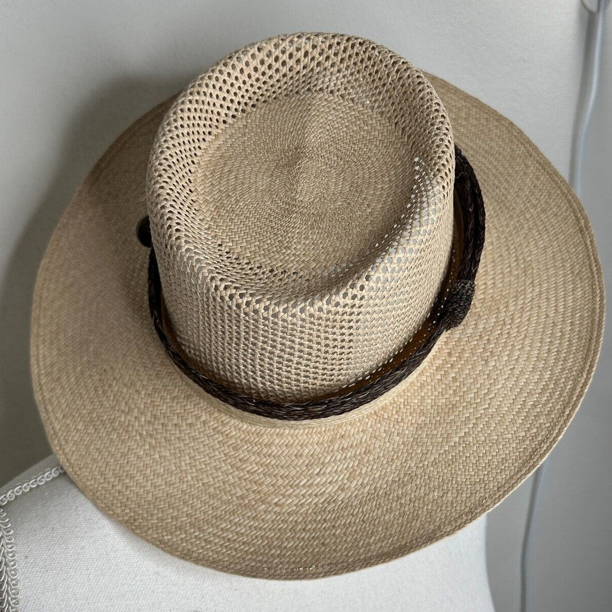 Temple Tan & Brown Basket Weave Rattan Wide Brim Hat Embellished Dark Brown Band