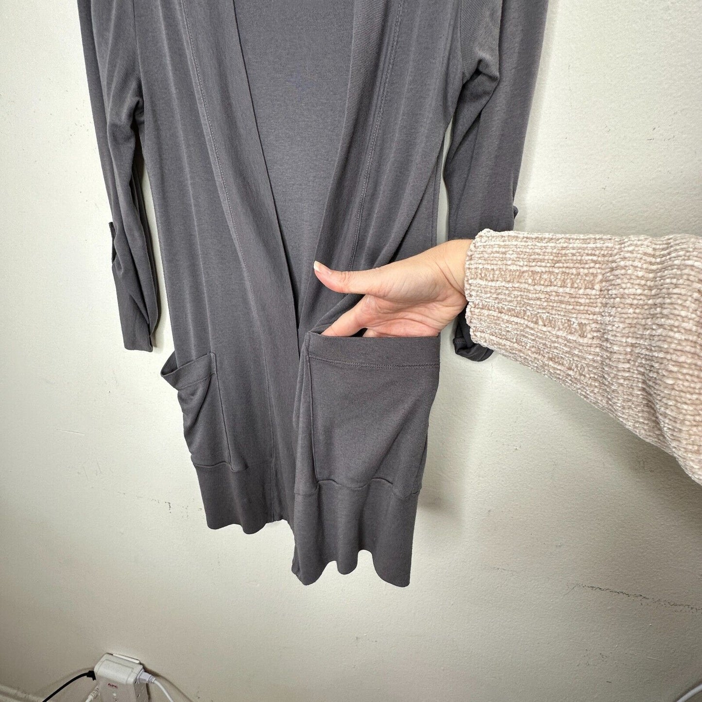 Splendid Slate Gray Open-Front Roll Tab Sleeve Front Pocket Stretch Cardigan XS