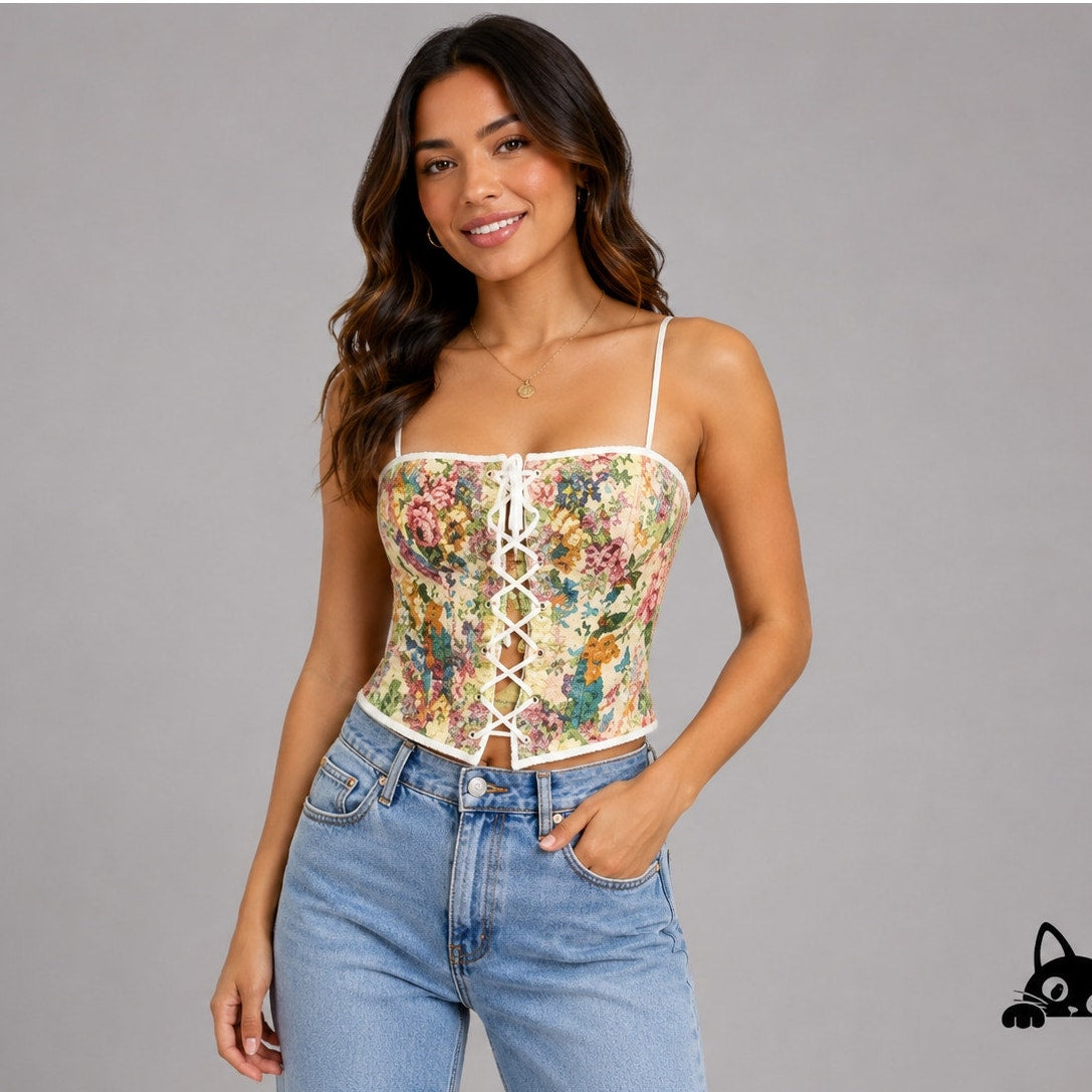 Finesse Antoinette Sexy Tapestry Royalty Top Front Lace Up Tie Corset XS