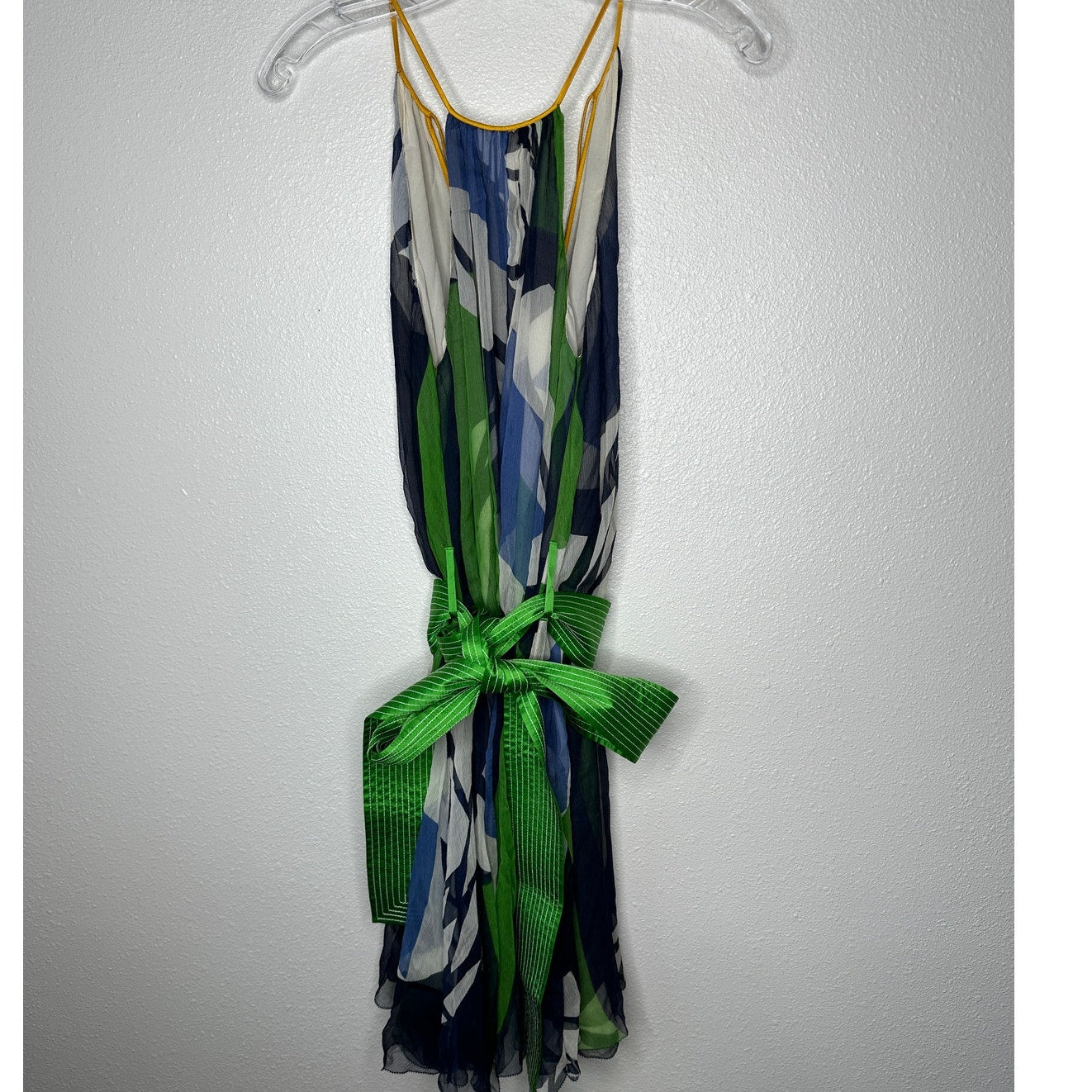 Catherine Malandrino Blue Green Cream Sleeveless Silk Tie Dress 6