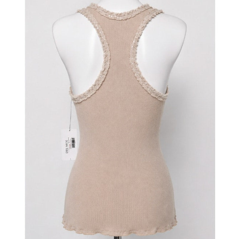 NWT Dis Moi Tan Rib Knit Racer Back Lace Edging Tank Top