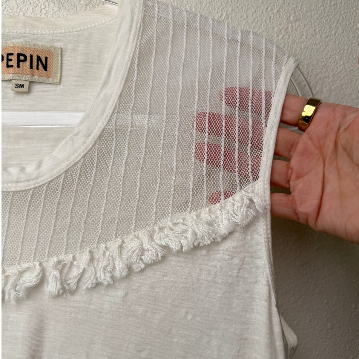 Pepin White Sheer Mesh Tassel Sleeveless Top Scoop Neck Linen Blend