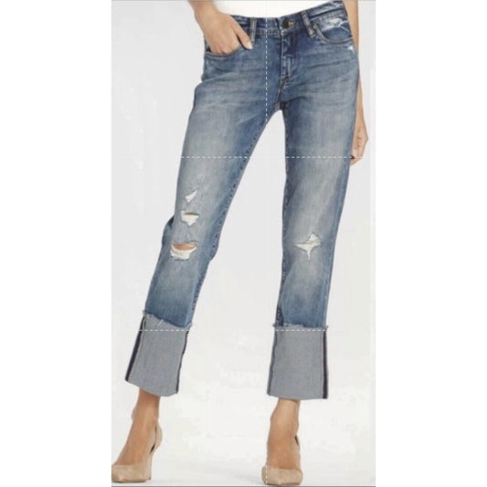 Blank NYC High Cuff Straight Medium Wash Distressed Jeans Low Rise Stretch 24