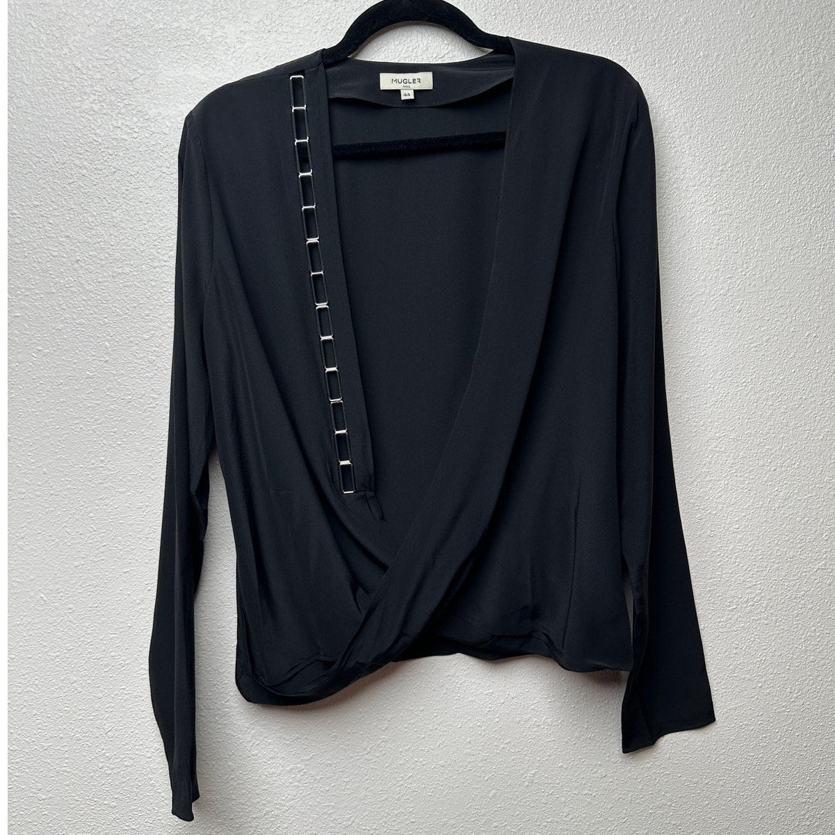 Mugler Black Silk Faux Wrap Chain Detail Blouse Women’s US 12