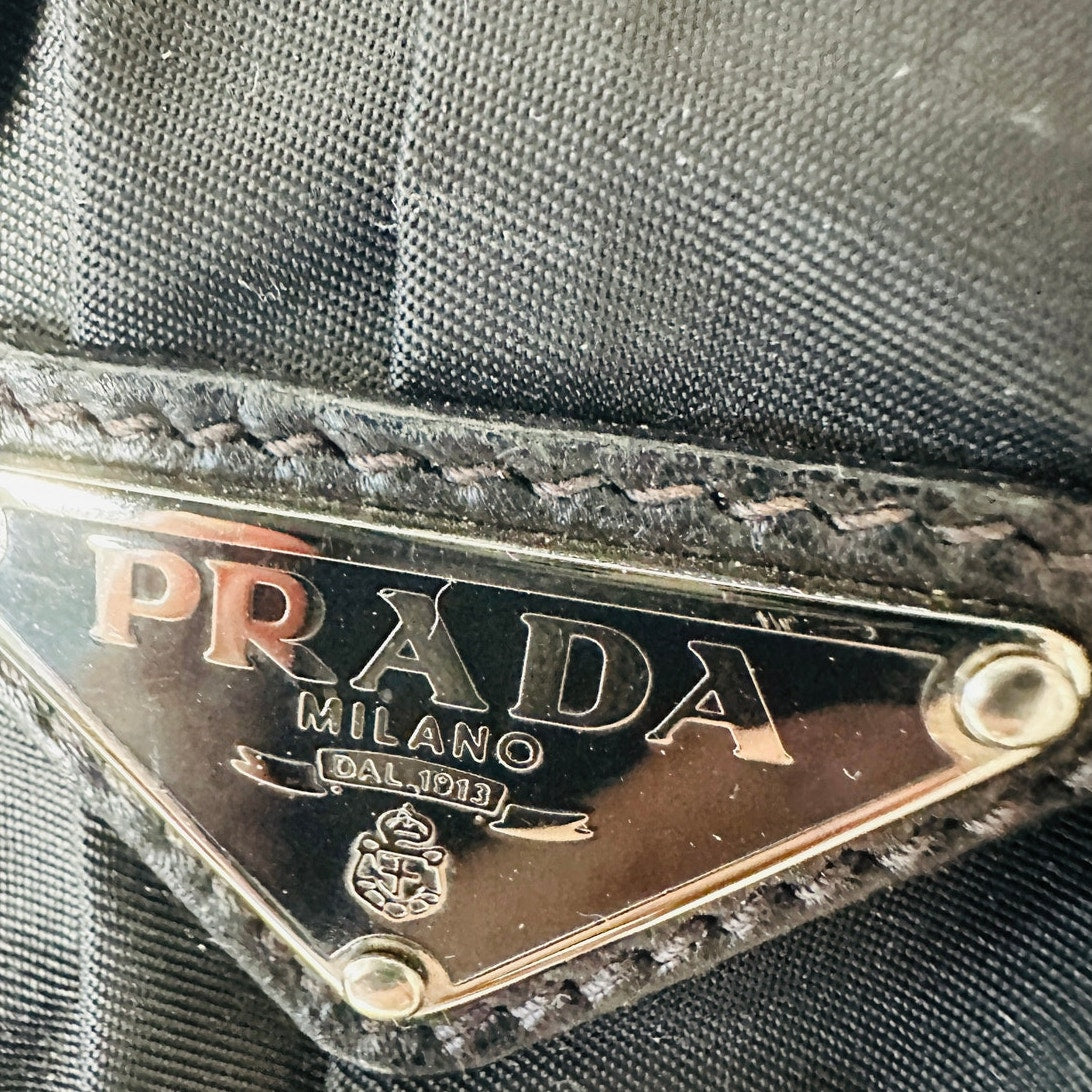 Prada Vintage 90s Black Nylon & Leather Buckle Braided Handle Purse
