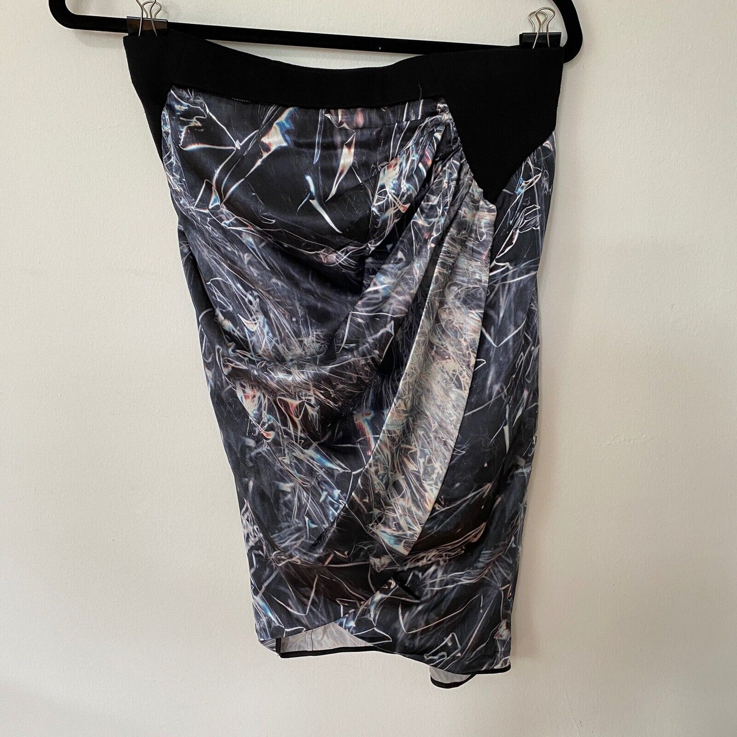 Helmut Lang SILK Cellophane Print Faux Tulip Hem Wrap Skirt Black Silver & Blue