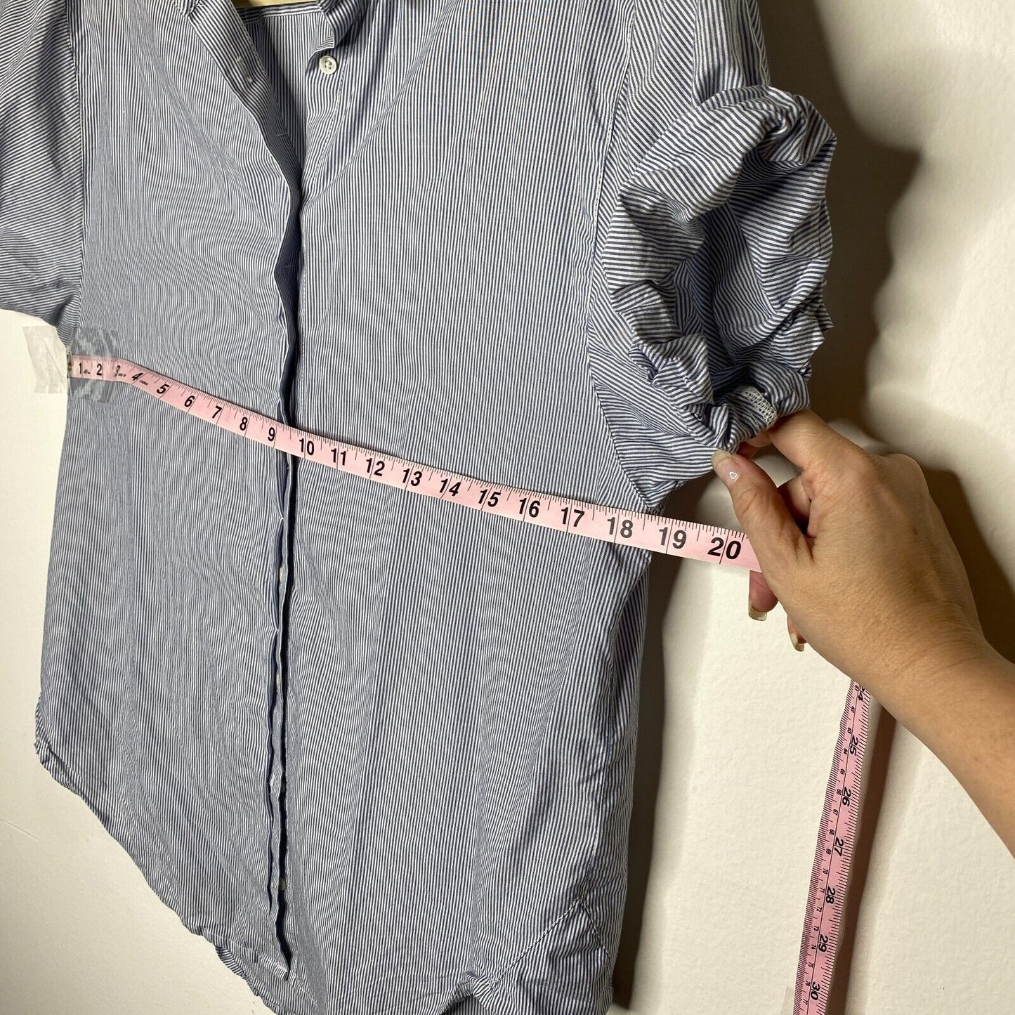 Aritzia Community Blue and White Pin Stripe The Jane Short Sleeve Button Shirt