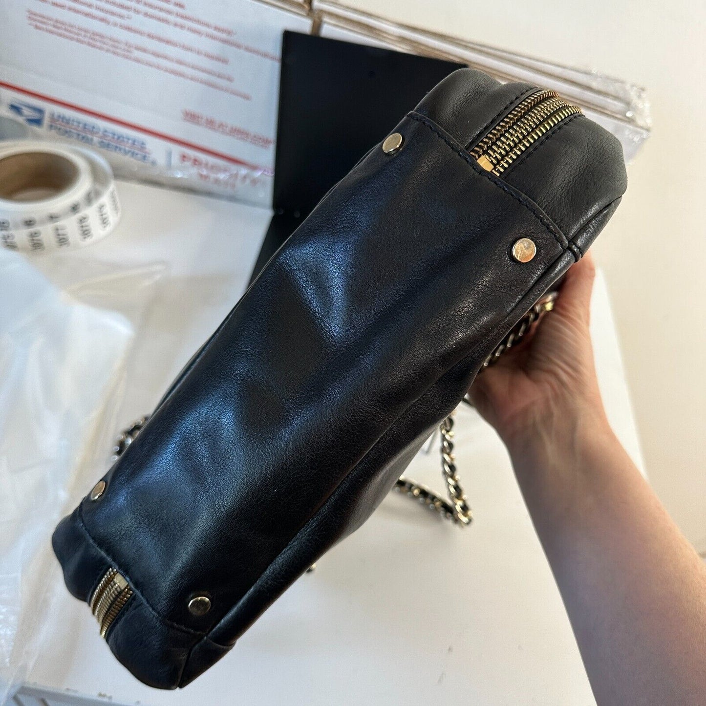 Rebecca Minkoff Black Leather Shoulder Bag Purse with Gold Hardware Chain Strap