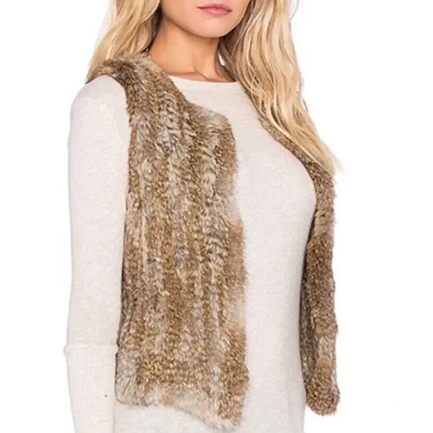 525 America Soft Luxe Genuine Rabbit Fur Sleeveless Open Vest Brown Cream Medium