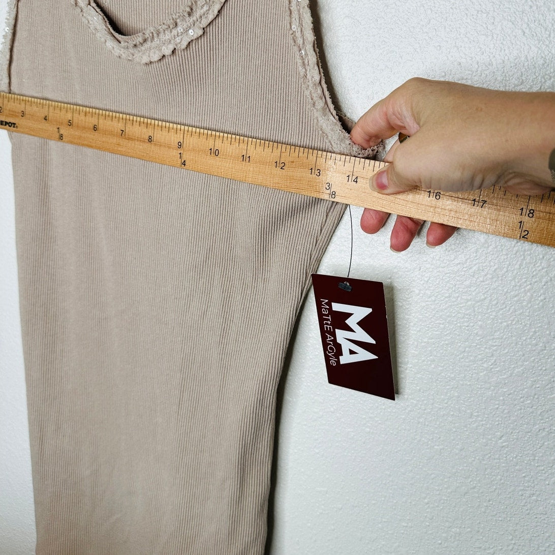 NWT Dis Moi Tan Rib Knit Racer Back Lace Edging Tank Top